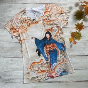 Kimono and foxes/kitsune all over print t shirt